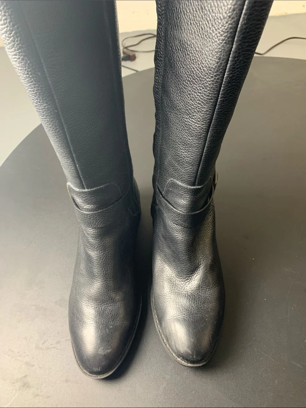 Cole Haan Black Leather Over-the-Knee Riding Boots with Buckle Detail